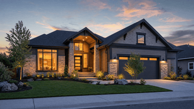Modern home exterior at dusk with warm interior lighting, the kind of hero shot a listing video opens on