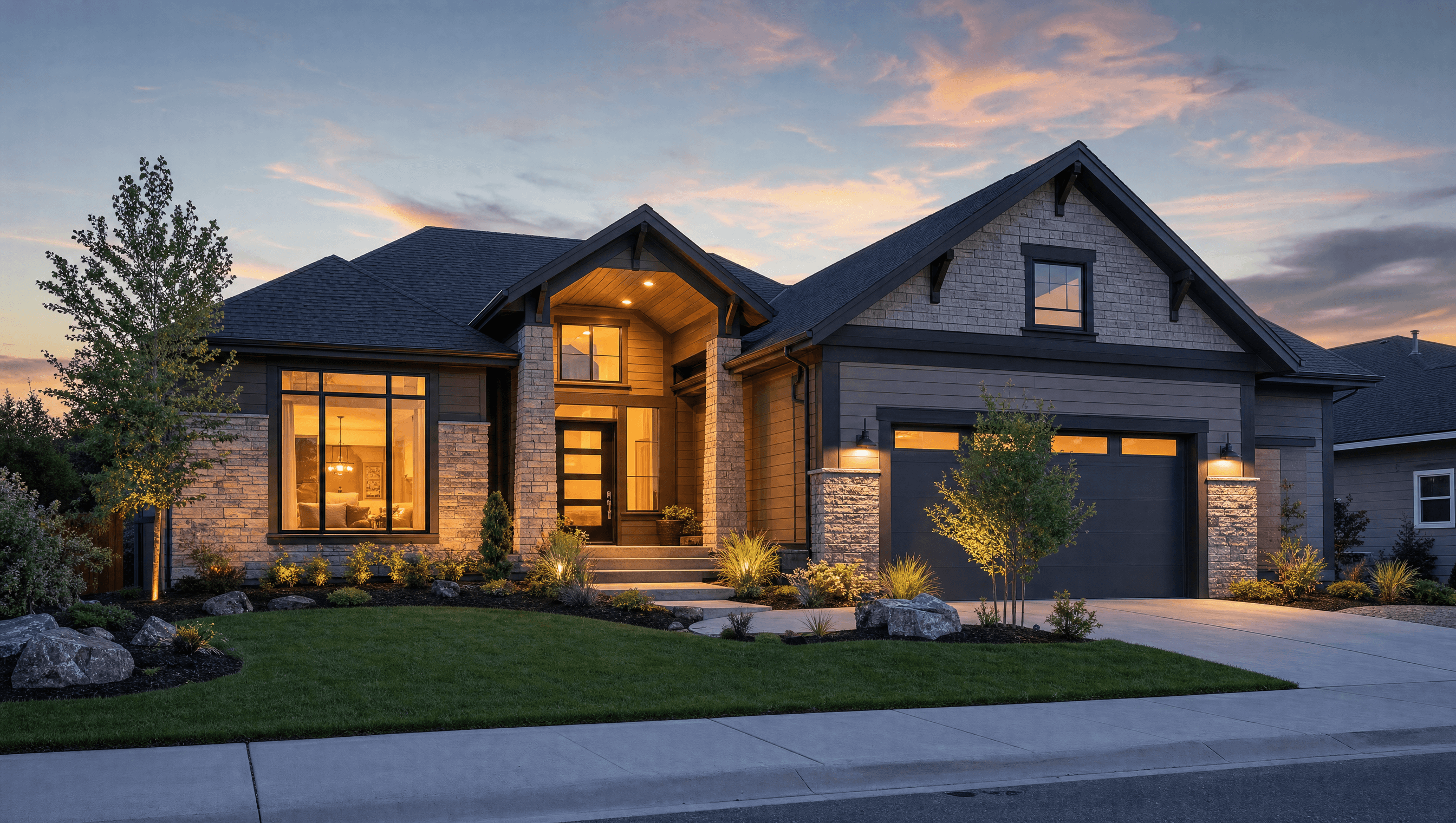 Modern home exterior at dusk with warm interior lighting, the kind of hero shot a listing video opens on