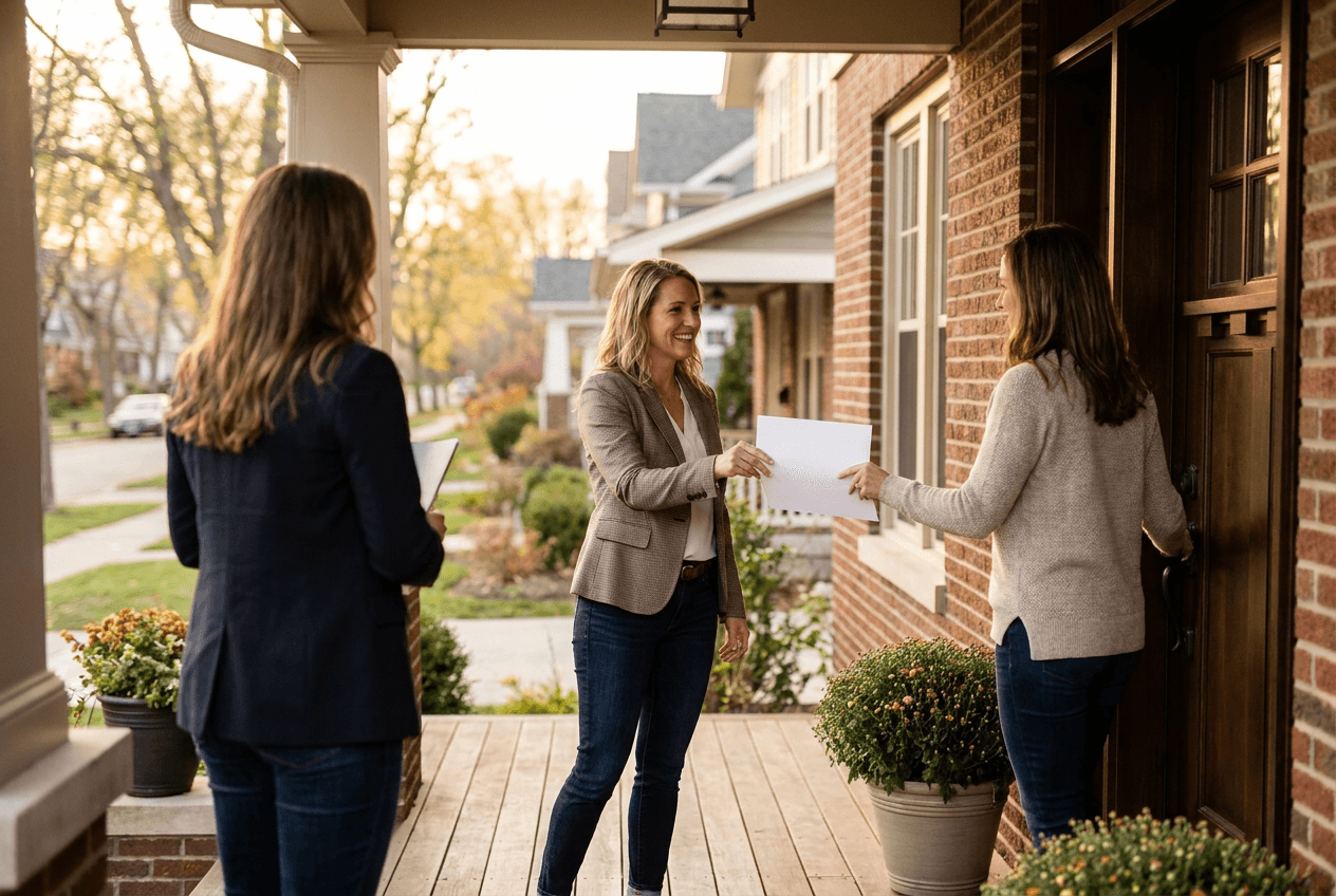 Real estate agent on a front porch handing a one-page market summary to a homeowner at the door, tree-lined street at golden hour