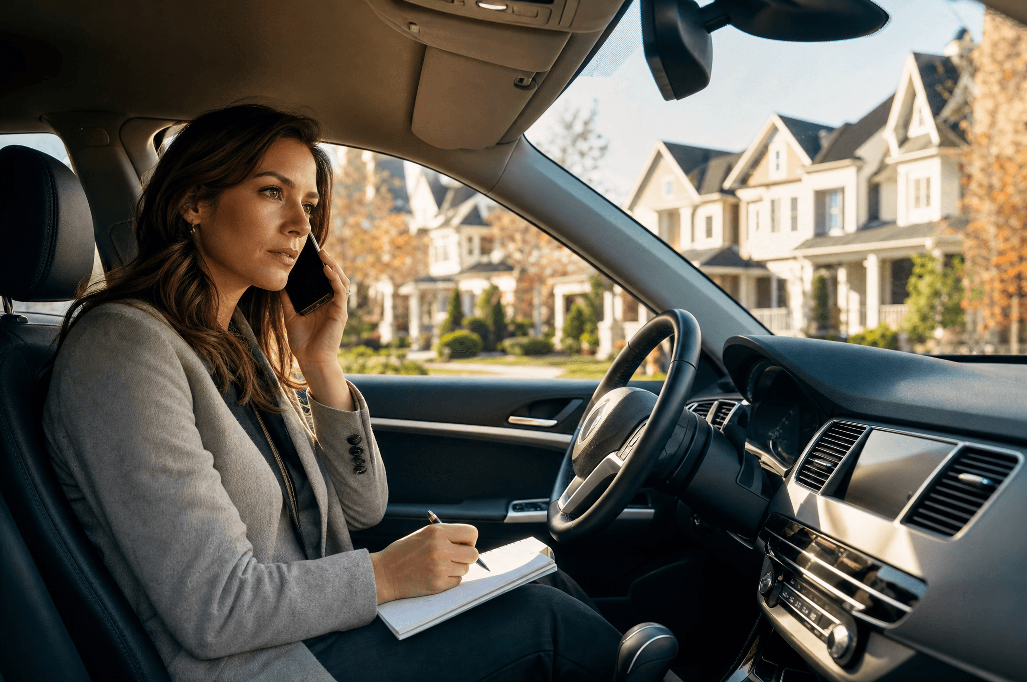 Real estate agent making a phone call from a car on a residential street