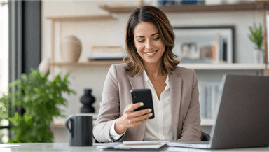A real estate agent checking new lead notifications on her phone at her desk
