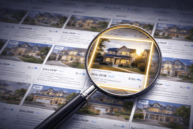 Magnifying glass highlighting a home listing among many real estate listings, illustrating online listing visibility and Zillow search competition.