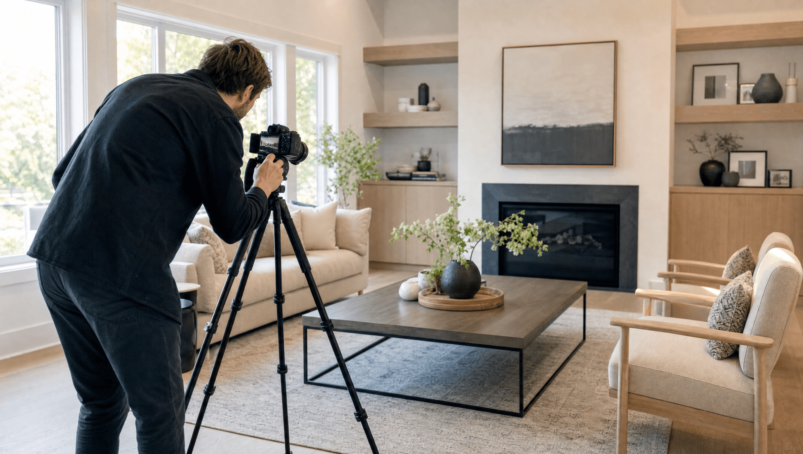 A professional real estate photographer shooting a staged living room on a tripod