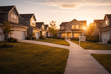 Suburban neighborhood homes at sunset with one listing standing out among similar houses, representing real estate pricing strategy and buyer comparison behavior.
