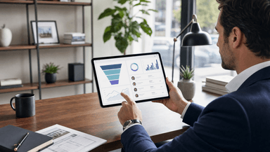 A real estate agent reviewing a lead generation funnel dashboard on a tablet