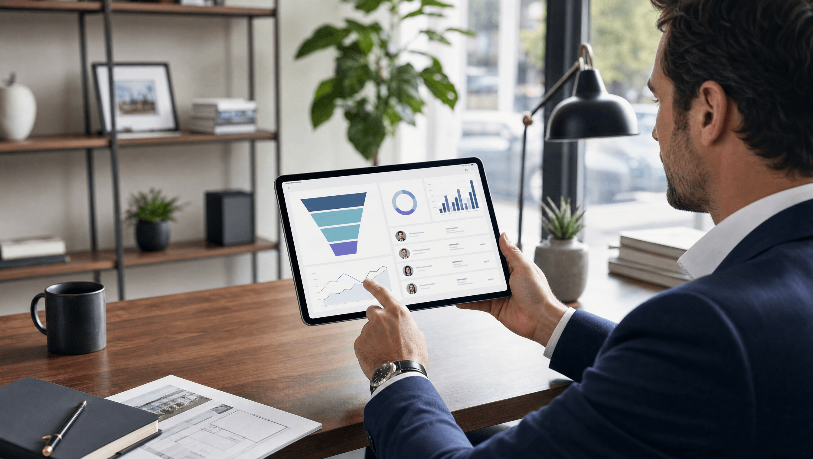 A real estate agent reviewing a lead generation funnel dashboard on a tablet