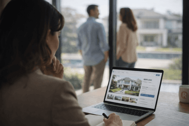 Real estate agent reviewing a property listing on her laptop while a couple views a home in the background, illustrating how buyers make decisions before contacting an agent.