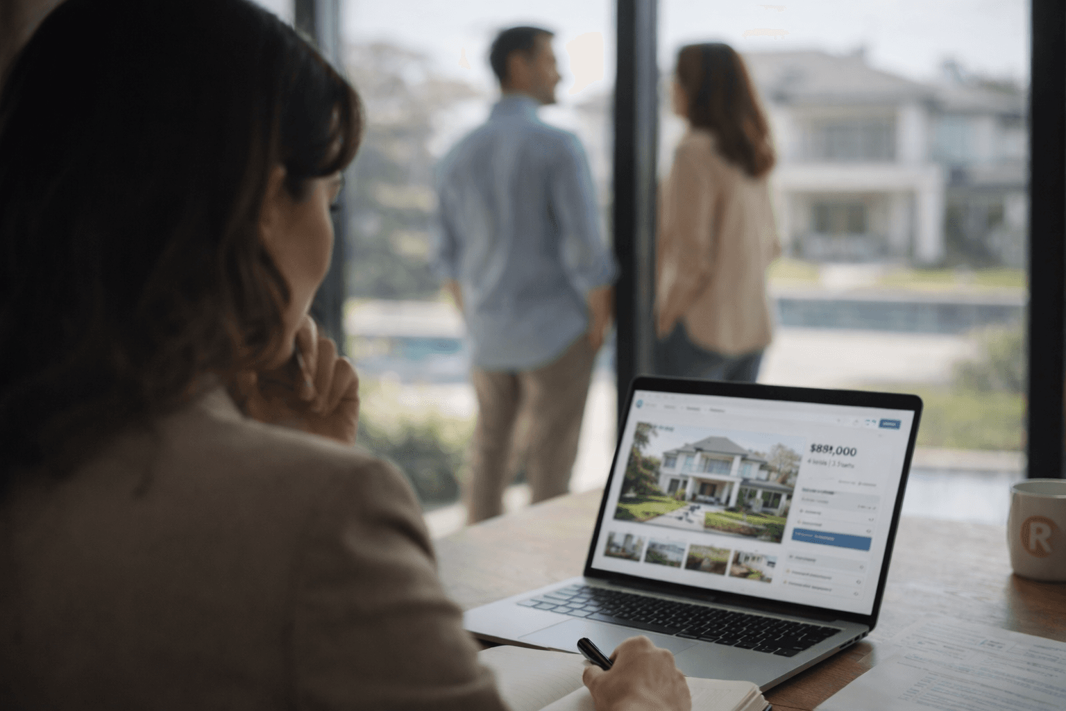 Real estate agent reviewing a property listing on her laptop while a couple views a home in the background, illustrating how buyers make decisions before contacting an agent.