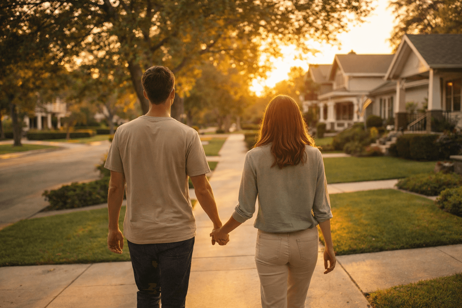 Young couple exploring a tree-lined suburban neighborhood at golden hour, viewing homes along the sidewalk