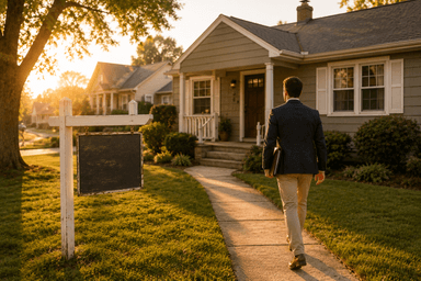 Real estate agent walking up the front path of a suburban home carrying marketing materials during late afternoon
