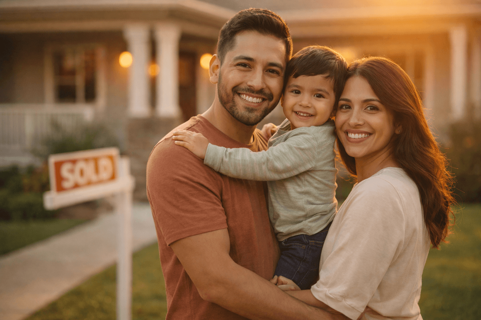 Hispanic family celebrating their new home purchase in front of a suburban house with a sold sign at golden hour