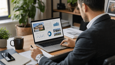 A real estate agent reviewing a comparative market analysis report with charts on a laptop at a desk