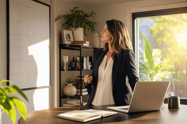 Real estate agent planning a marketing calendar in a home office