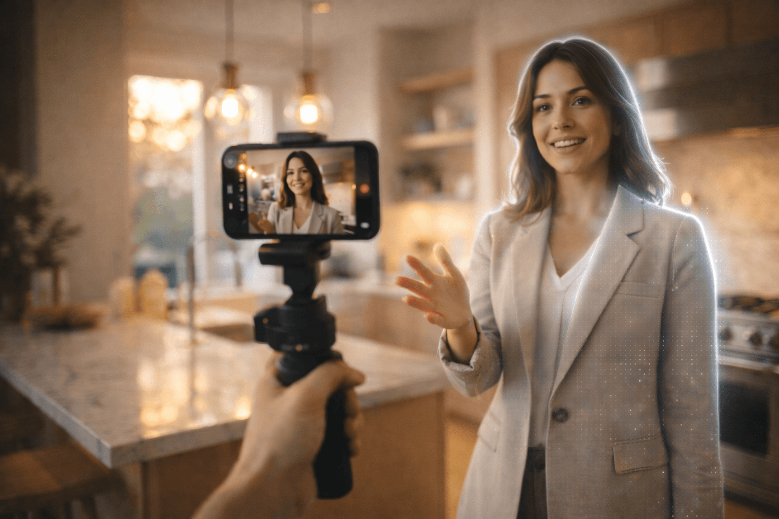 Real estate agent filming a video introduction with a smartphone on a gimbal inside a staged modern living room