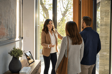 Real estate agent greeting visitors at an open house entryway