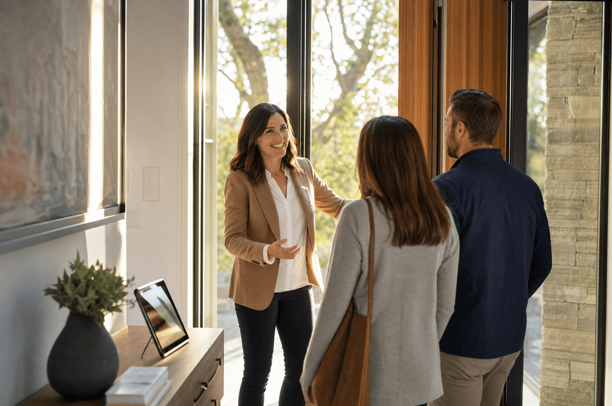 Real estate agent greeting visitors at an open house entryway
