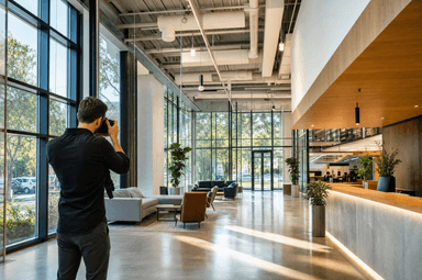 Photographer shooting a modern commercial office lobby with a wide-angle camera