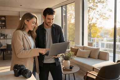 Real estate agent and photographer reviewing listing photos together on a laptop