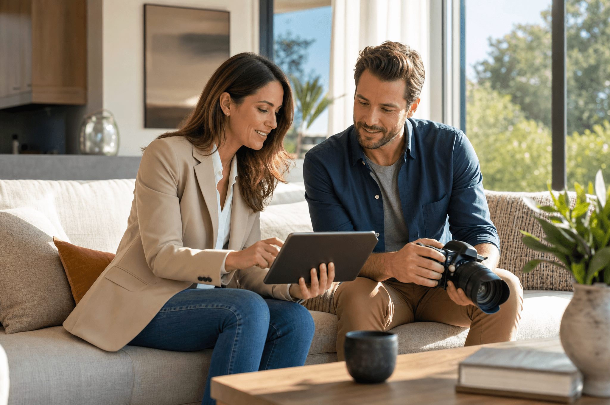 Real estate agent and photographer reviewing listing photos together on a tablet