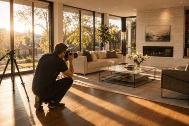 Real estate photographer capturing a luxury home interior with warm golden afternoon light streaming through floor-to-ceiling windows