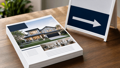 A real estate flyer with a property photo and clean layout sitting on a table next to an open house sign