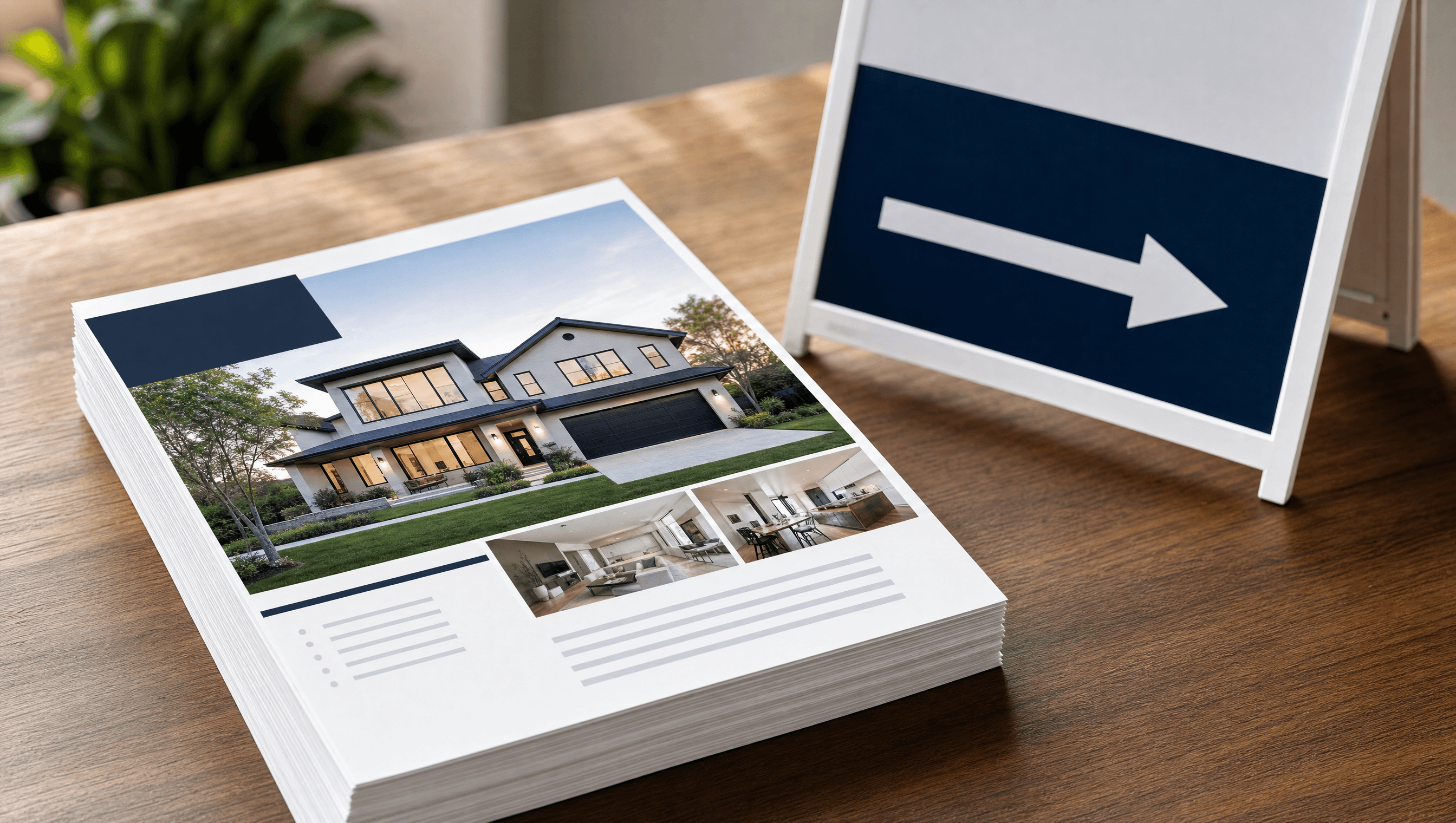 A real estate flyer with a property photo and clean layout sitting on a table next to an open house sign