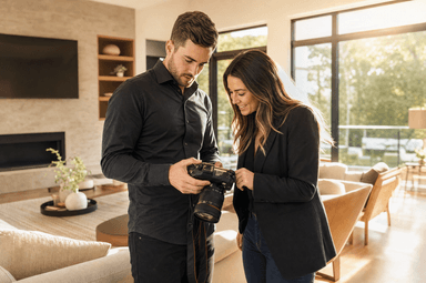 Real estate photographer and agent reviewing a video preview on camera during a listing shoot