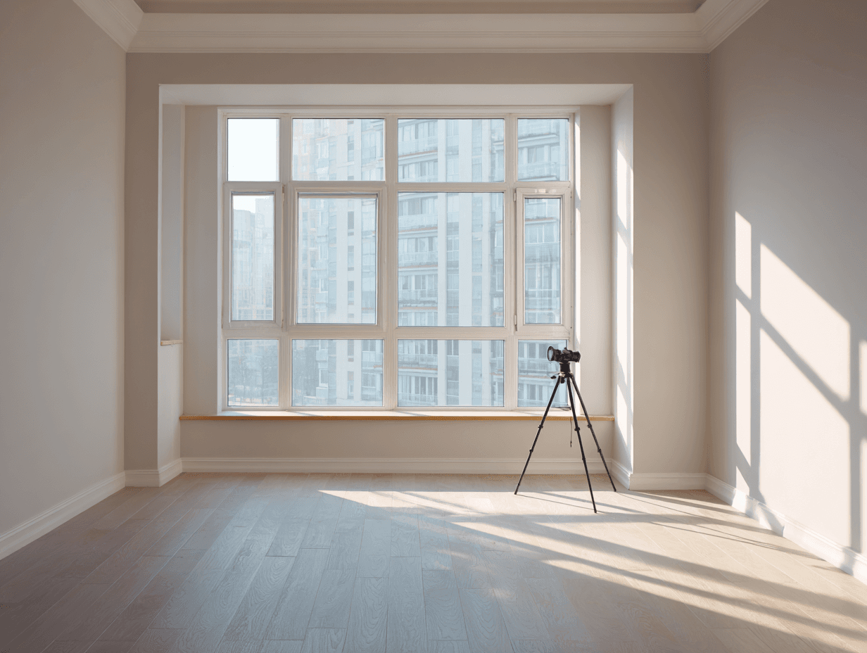 Empty sunlit apartment interior with large windows and camera on tripod, representing AI video tools for real estate agents and modern property marketing.