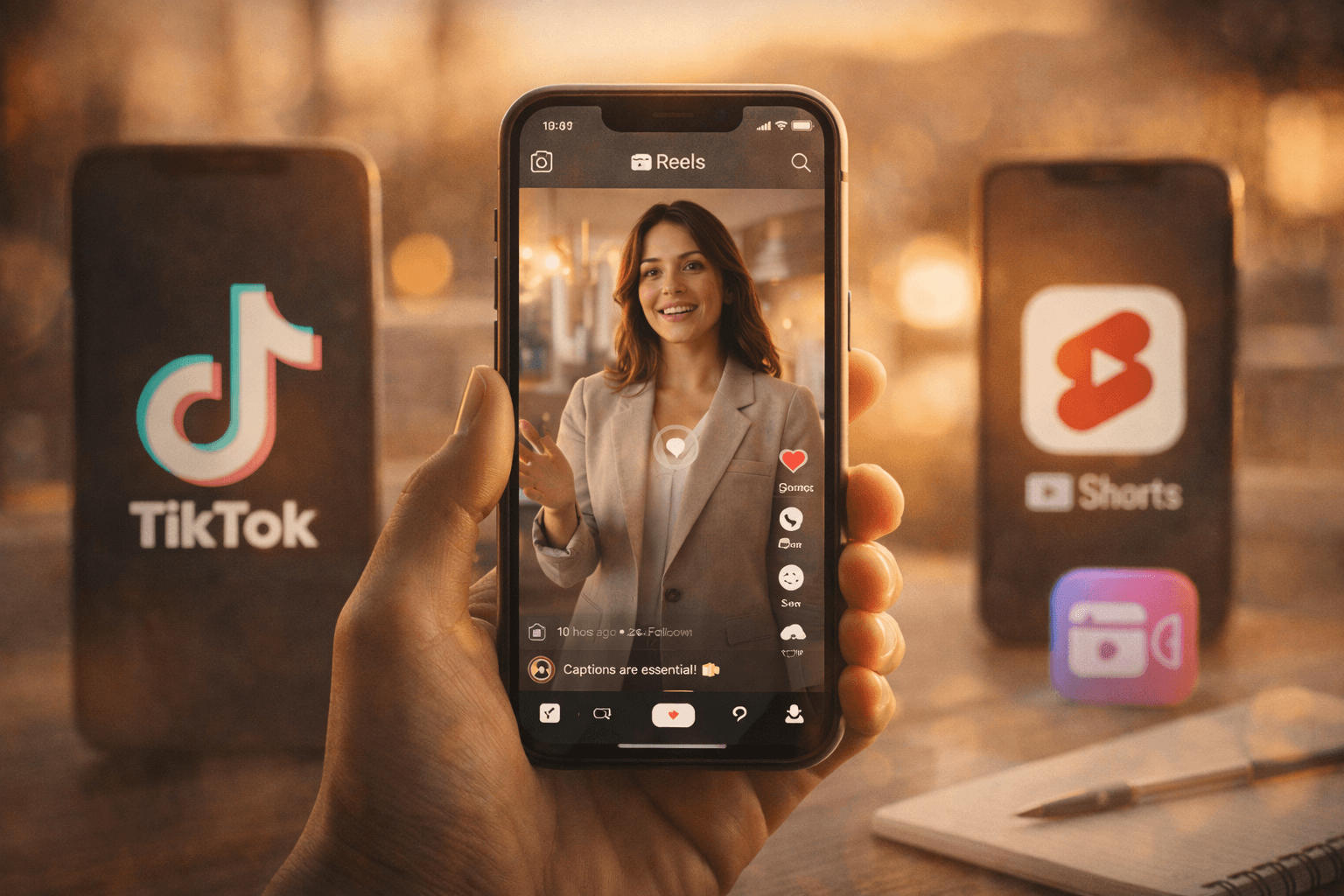 Real estate agent recording a short-form video reel inside a modern kitchen during golden hour