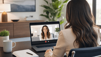 A real estate agent recording a personal video message to a client on a laptop