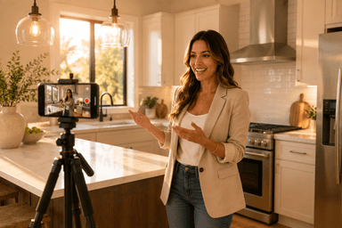 Real estate agent recording a short-form video in a modern kitchen during golden hour