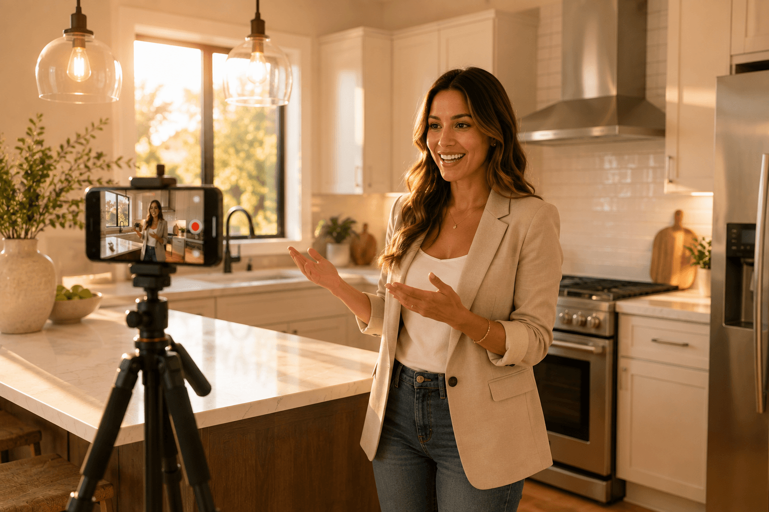 Real estate agent recording a short-form video in a modern kitchen during golden hour