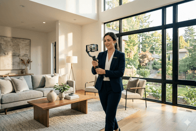 Real estate agent filming a property walkthrough video inside a modern home