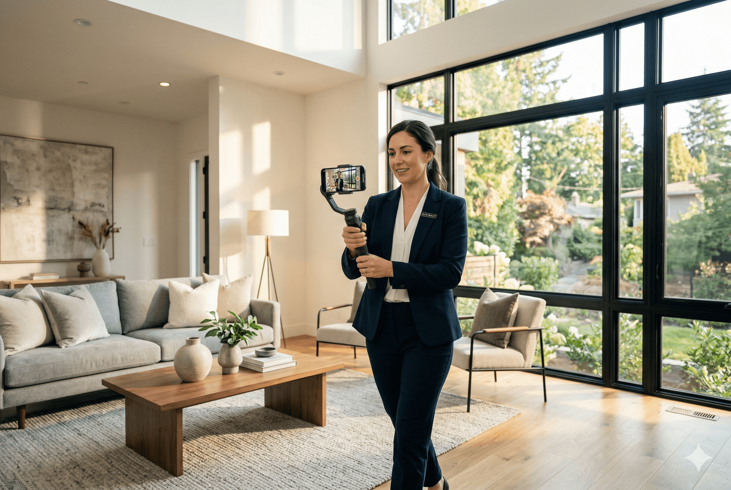 Real estate agent filming a property walkthrough video inside a modern home