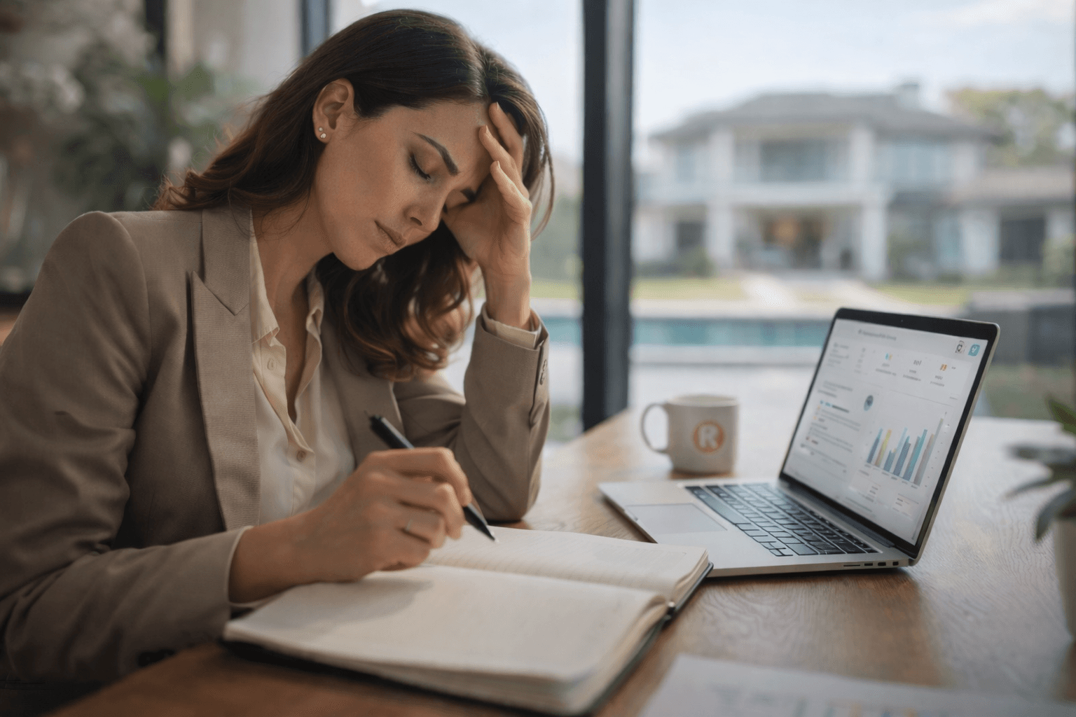 Professional real estate agent looking stressed while reviewing notes at a desk with a laptop showing marketing analytics, natural light from a large window behind her.