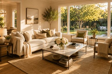Beautifully staged modern living room with neutral tones bathed in warm late-afternoon sunlight