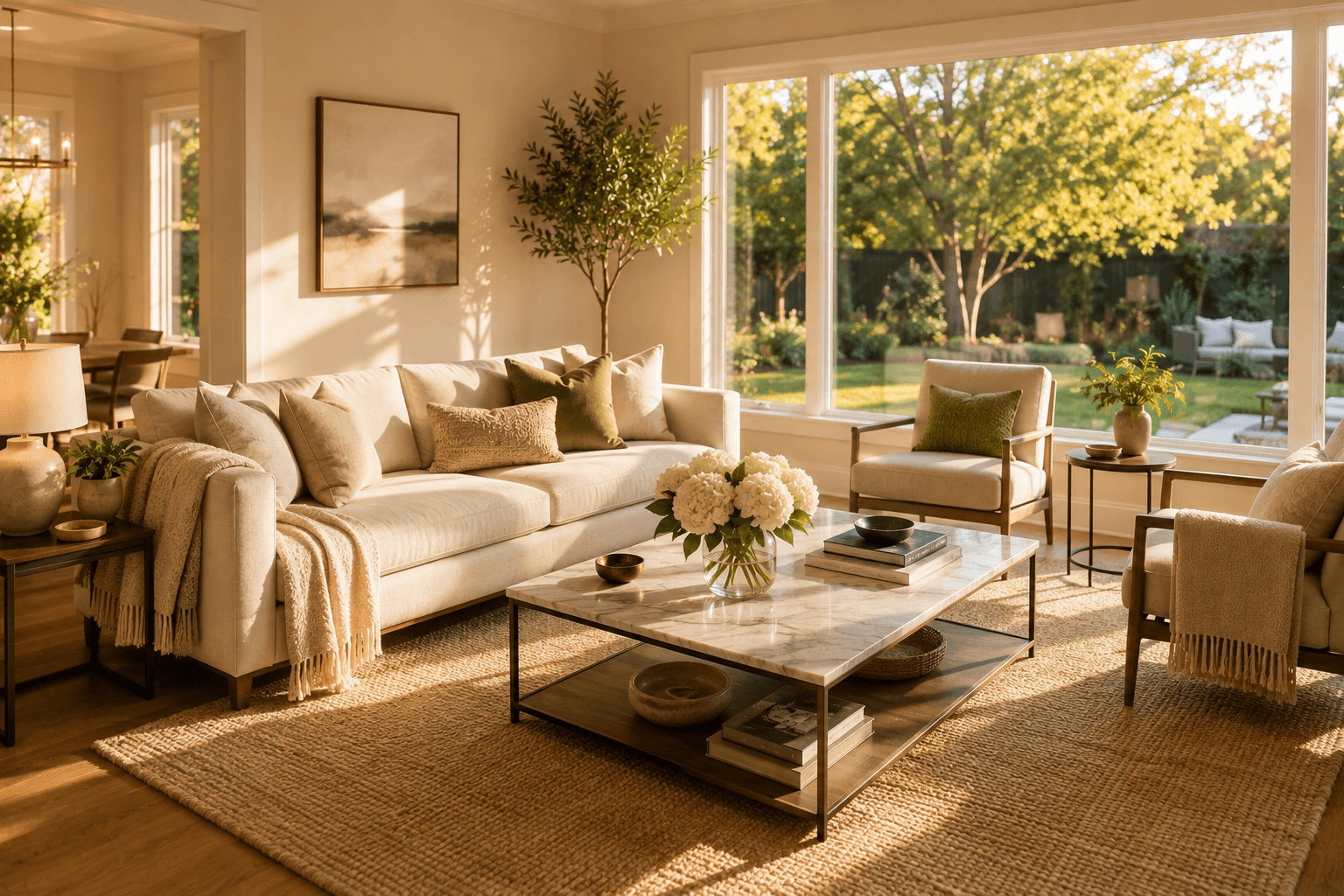 Beautifully staged modern living room with neutral tones bathed in warm late-afternoon sunlight