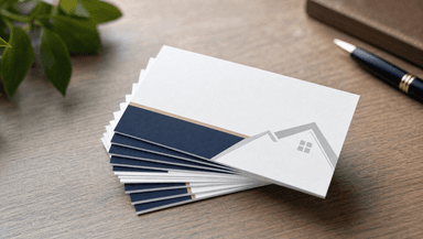 A fanned stack of professional real estate business cards on a desk