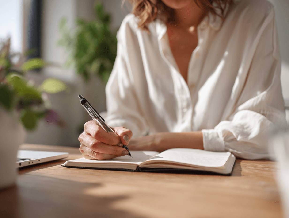 A real estate professional writing notes in a notebook at a sunlit desk, suggesting property planning or client meeting preparation.