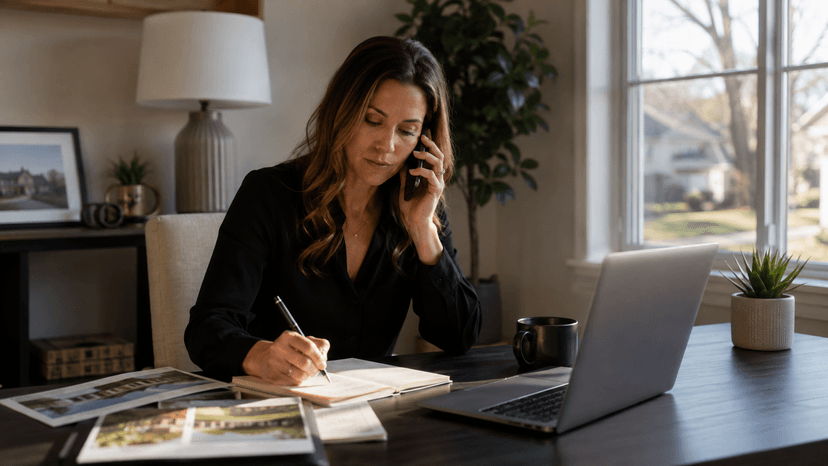 A real estate agent taking notes while speaking with a homeowner on the phone from her home office.