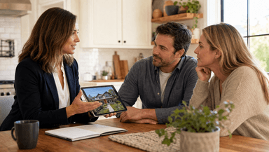 A real estate agent presenting a listing presentation on a tablet to a seller at their kitchen table