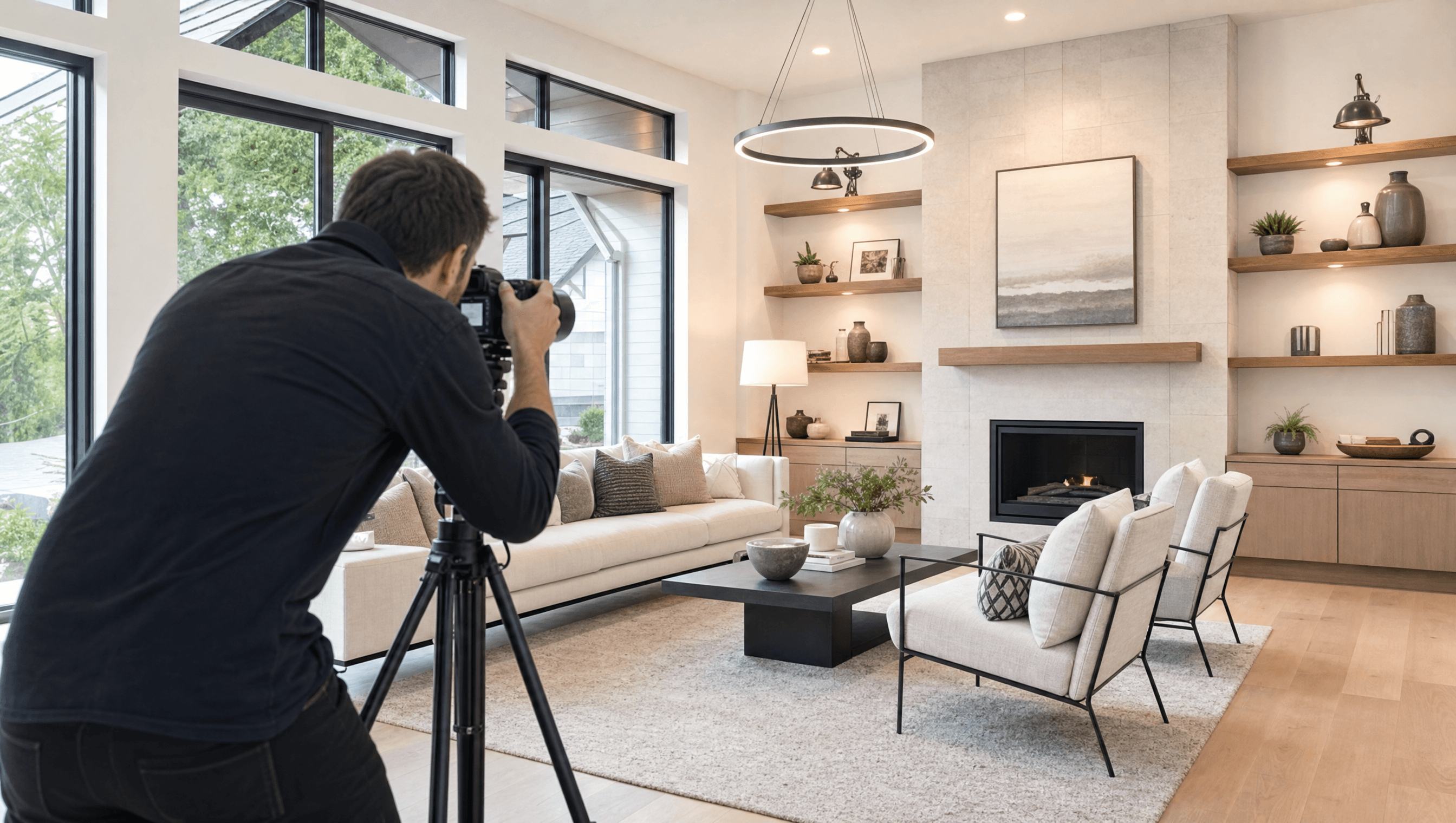 Professional real estate photographer shooting interior listing photos of a modern home