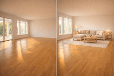 Bright vacant living room with large windows showing the potential for virtual staging with digitally placed furniture