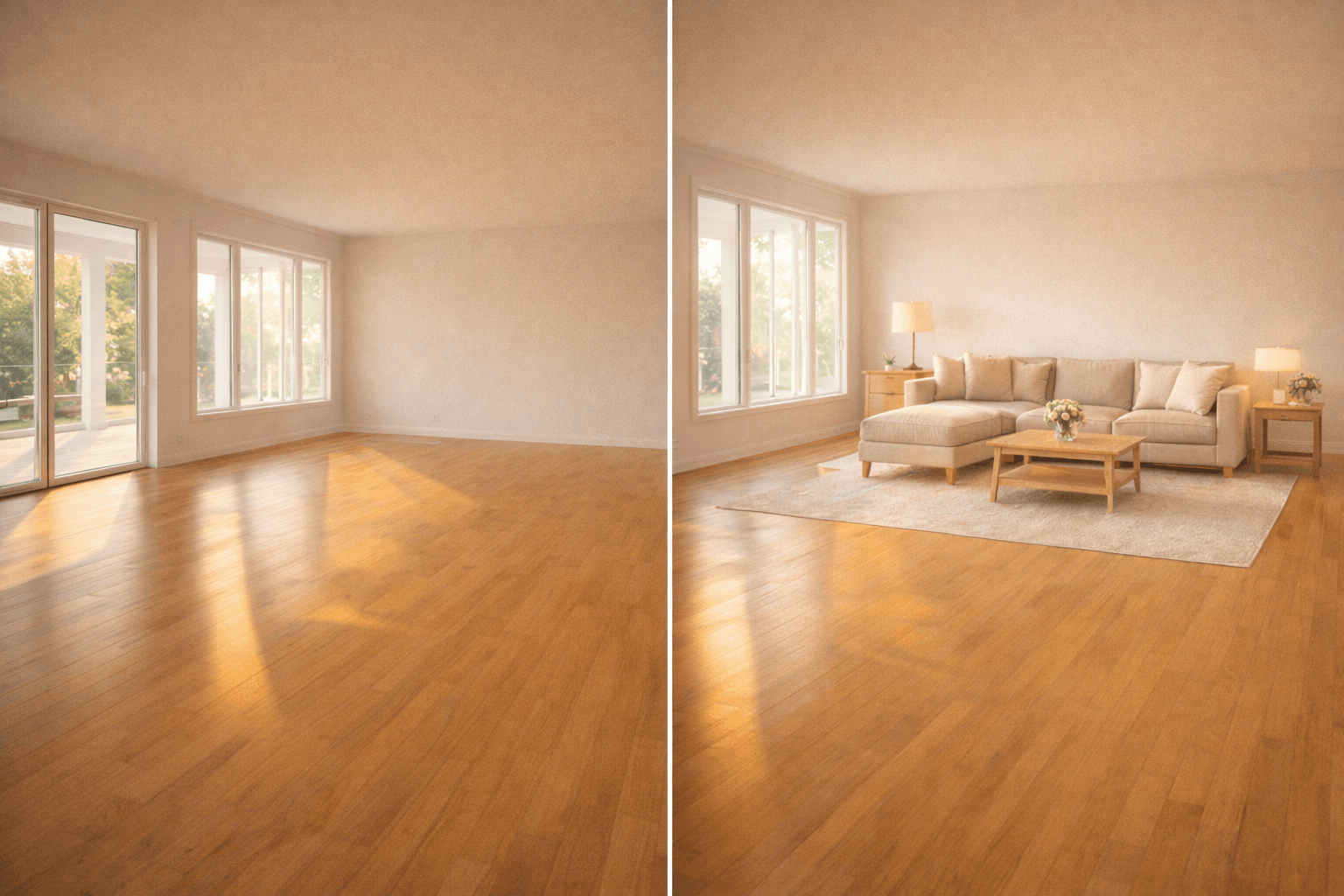 Bright vacant living room with large windows showing the potential for virtual staging with digitally placed furniture