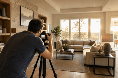 Real estate photographer setting up a camera on a tripod in a bright modern living room