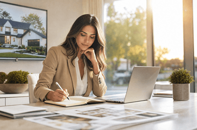 Real estate agent reviewing notes and a laptop while planning outreach