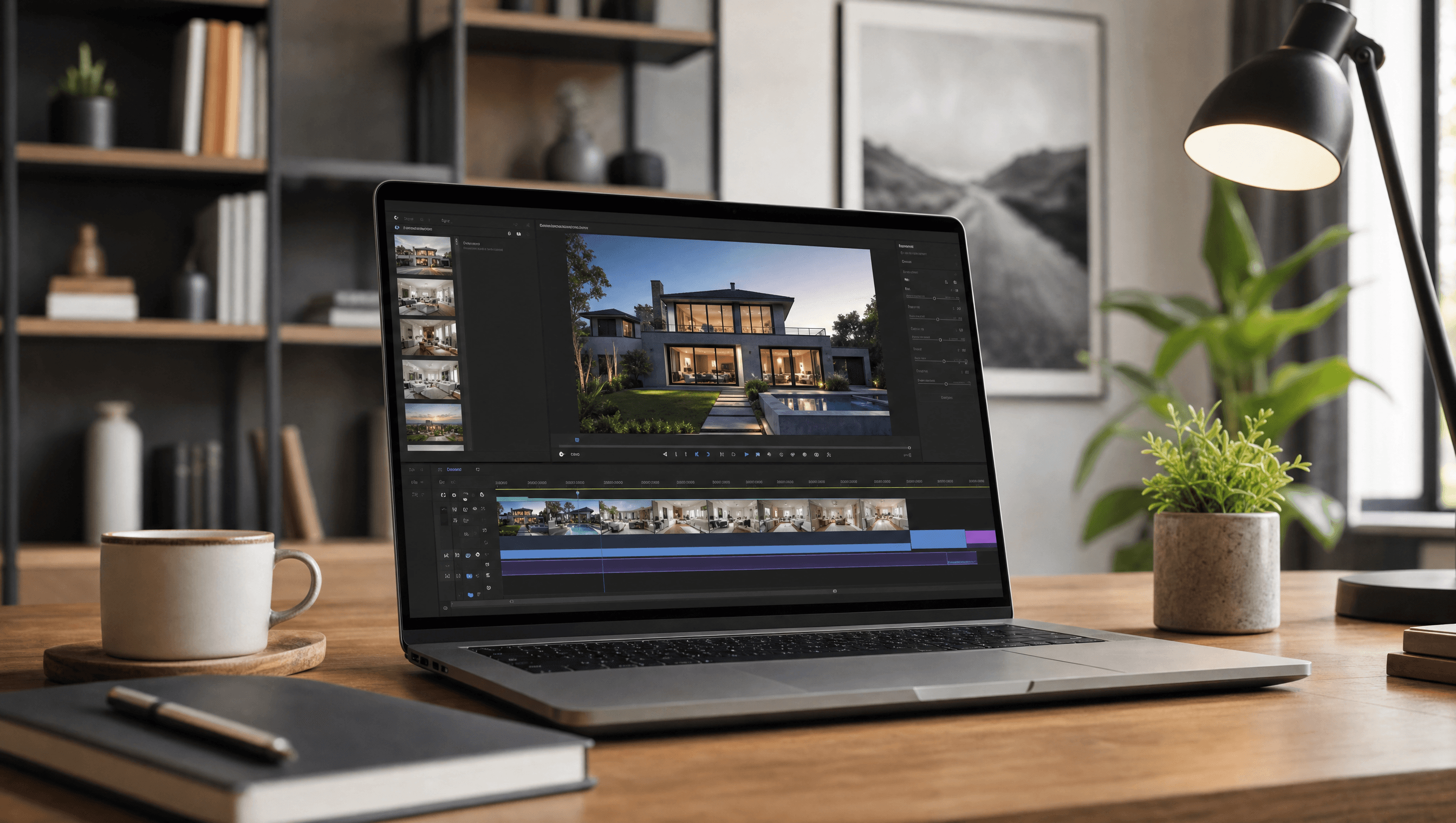 A laptop showing a real estate listing photo being converted into a video timeline