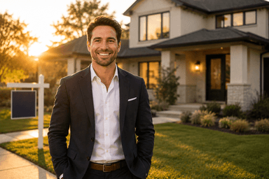 Confident real estate agent standing in front of a modern suburban home at golden hour