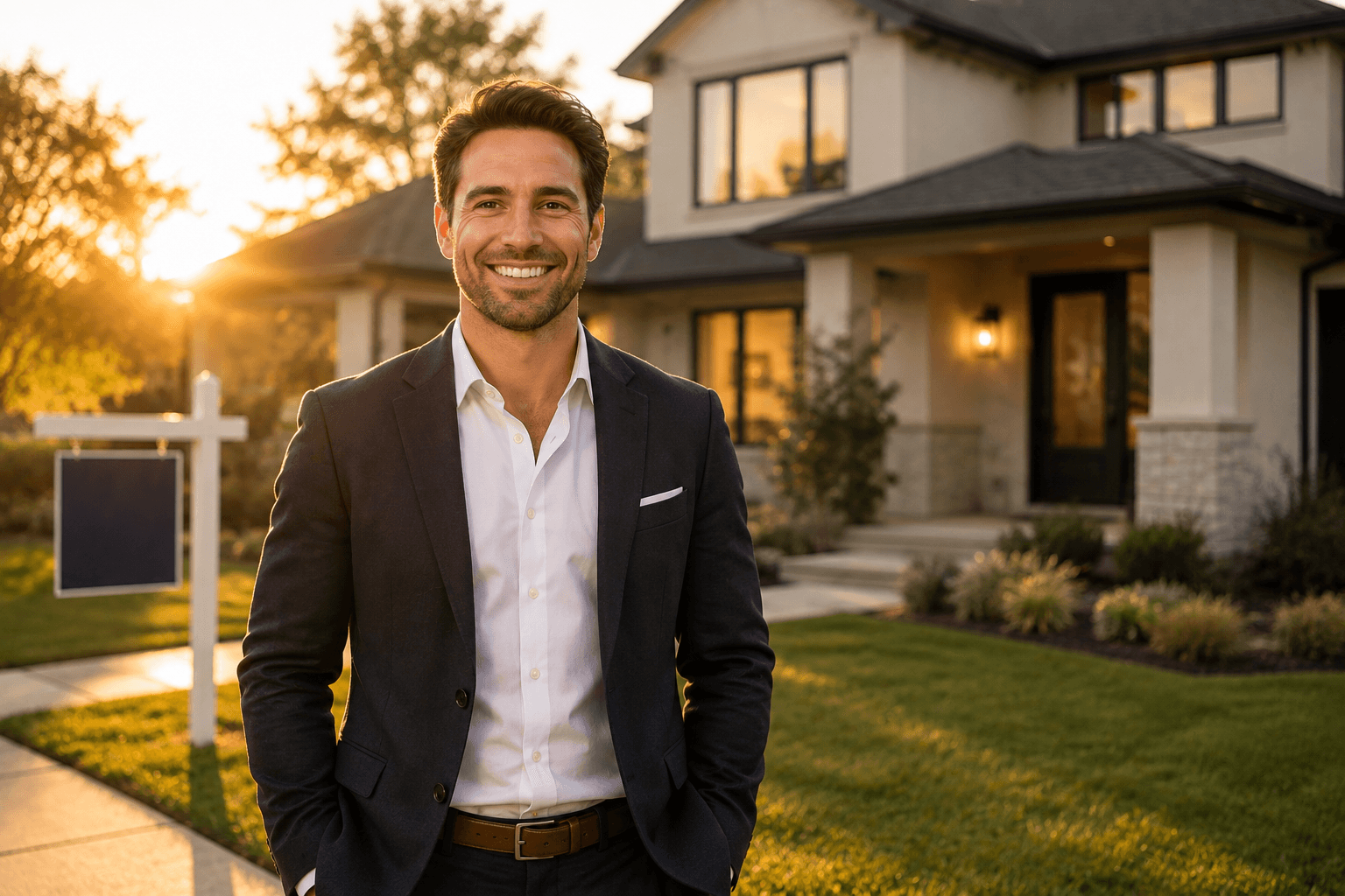 Confident real estate agent standing in front of a modern suburban home at golden hour