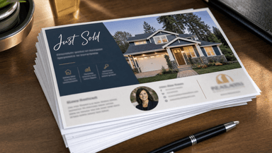 A stack of real estate just sold postcards on a desk next to a laptop